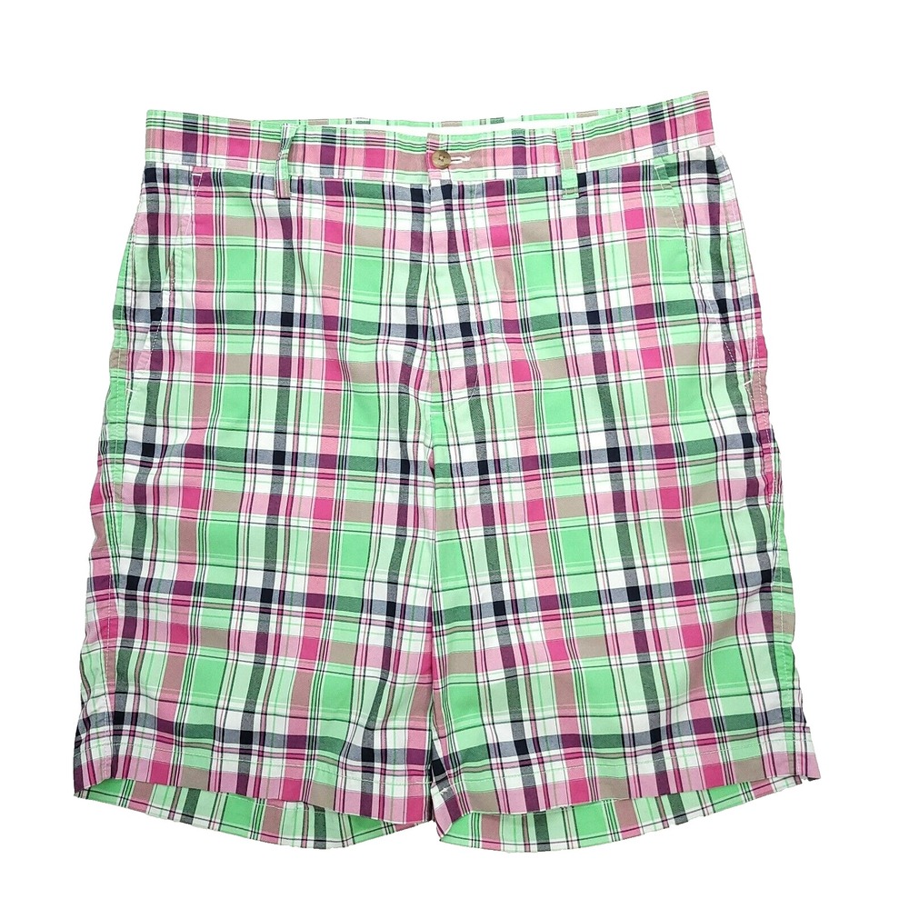 Footjoy Shorts Men 34 Pink‎ Green Cotton Madras Plaid Colorful Golf Preppy